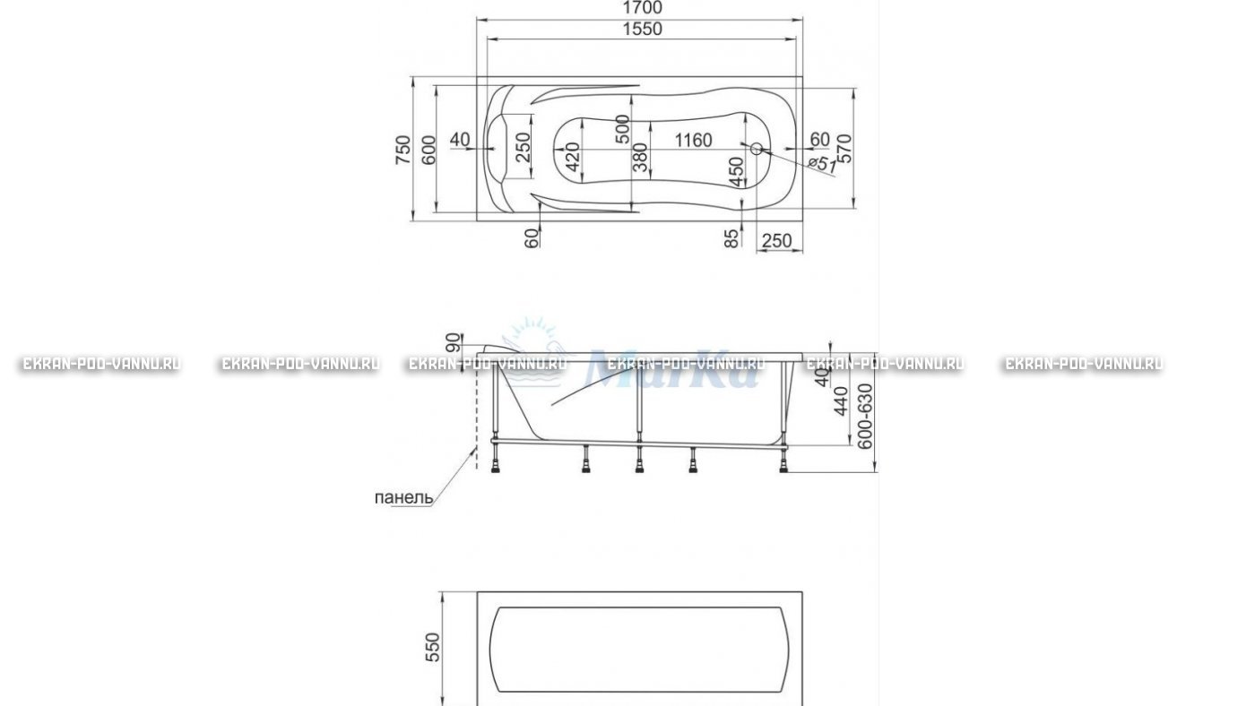 Акриловая ванна 1MarKa Calypso 170x75 – купить по цене 13950 руб. в интернет-магазине в городе Курган картинка 22