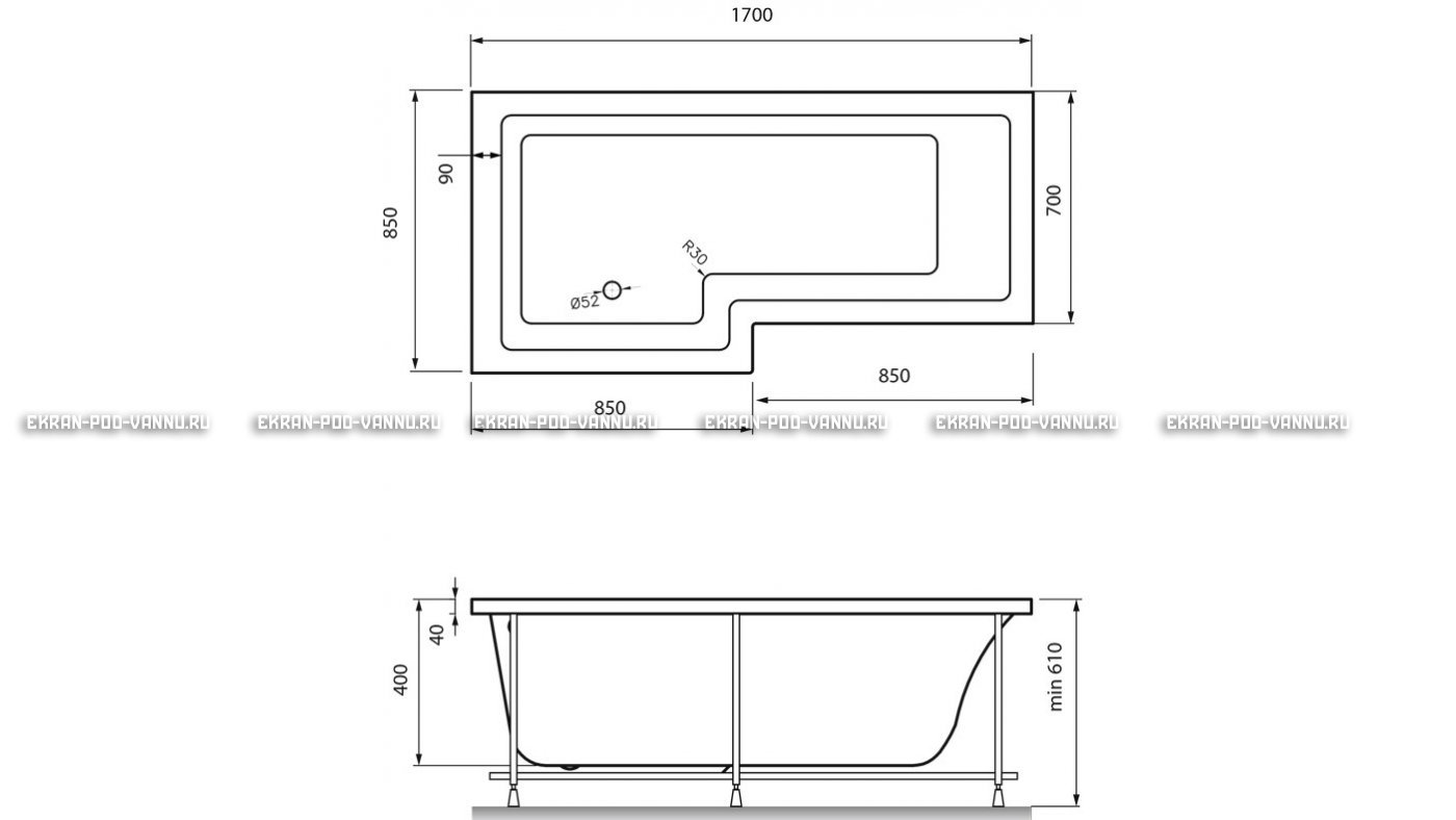 Акриловая ванна Vayer Options 170х70/85 – купить по цене 24110 руб. в интернет-магазине в городе Курган картинка 13